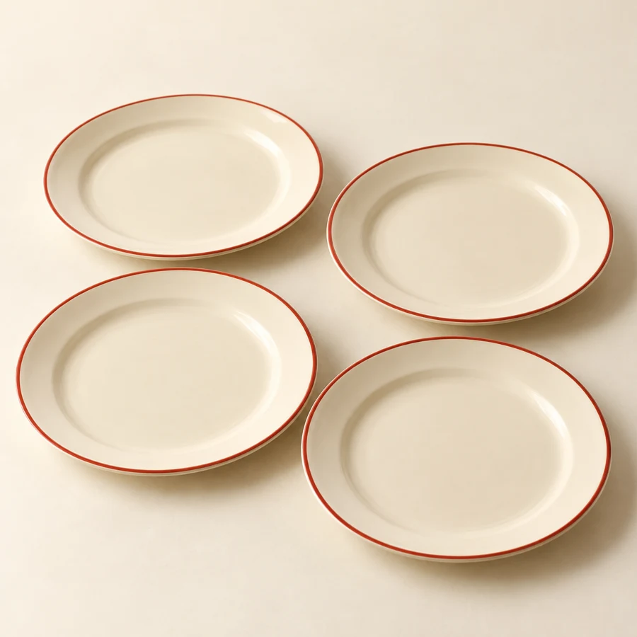 Bistro Dinner Plate Set — Cream / Red rim