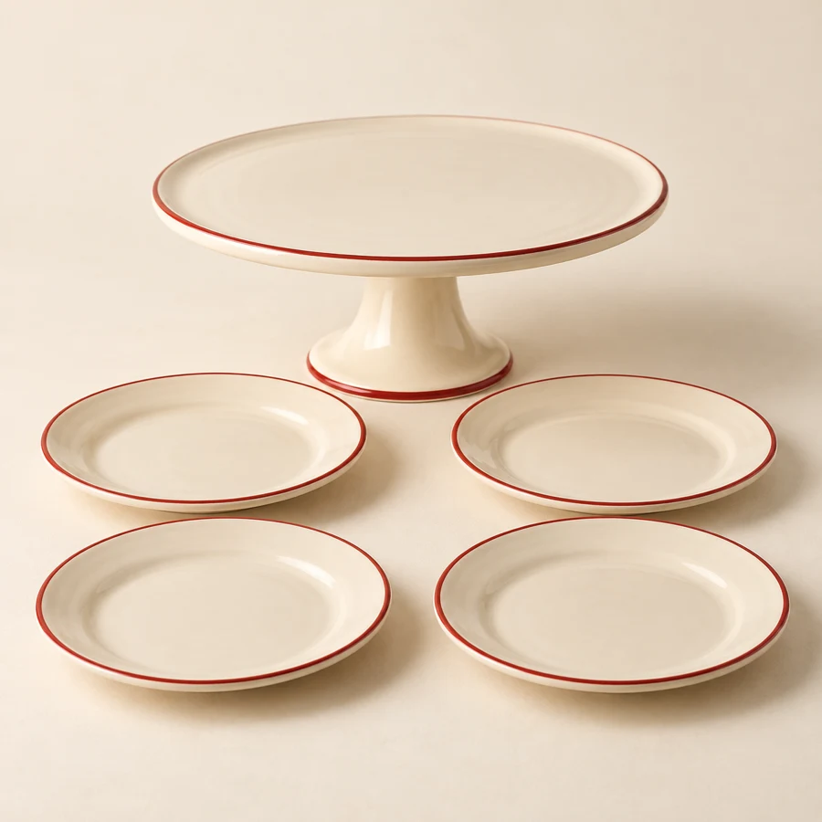Country Cake Stand & Plate Set — Cream / Red rim